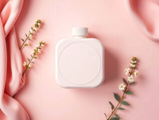 a white bottle on a pink background with flowers and fabric beauty product bottle close up detail vi