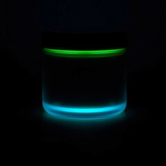 a cylindrical glass container with green and blue glowing liquid inside on a dark background with st