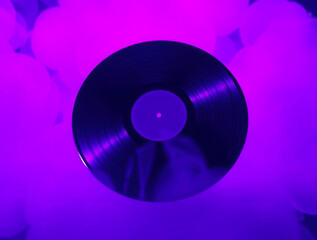 a purple vinyl record on a purple background with a white border at the bottom of the image close up