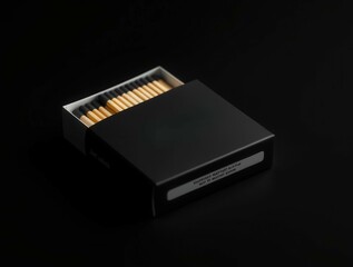 a black matchbox with a partially opened lid on a black background black background close up detail