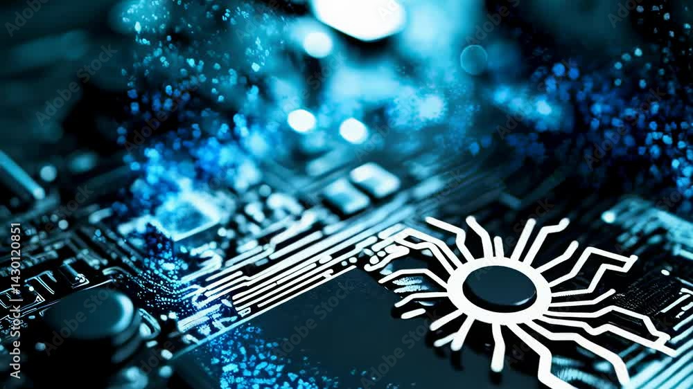 Poster close-up of circuit board with data stream