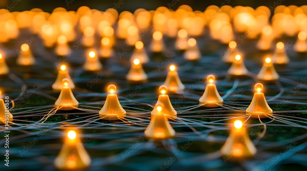 Aufkleber network nodes illuminating warning symbols in a digital grid urban environment high angle view