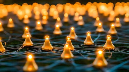 Network nodes illuminating warning symbols in a digital grid urban environment high angle view