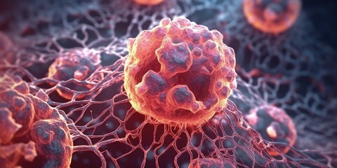 Human cell or Embryonic stem cell, Cells of the body under a microscope on colorful background. Cellular Therapy, Regeneration. Generative AI.