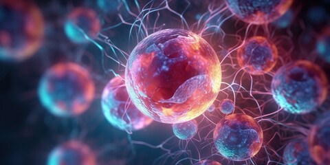 Human cell or Embryonic stem cell, Cells of the body under a microscope on colorful background. Cellular Therapy, Regeneration. Generative AI.