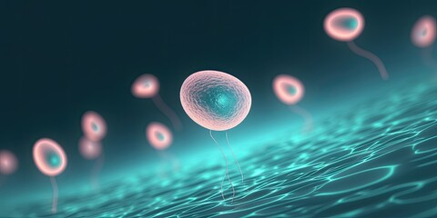 Human cell or Embryonic stem cell, Cells of the body under a microscope on colorful background. Cellular Therapy, Regeneration. Generative AI.