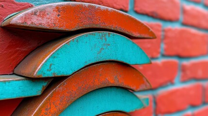 Textured Metal Sculptures with Rusty Orange and Teal Finish Against Red Brick Wall Background