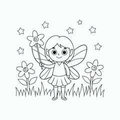Cute Cartoon Fairy Coloring Page – Smiling Fairy with Magic Wand.