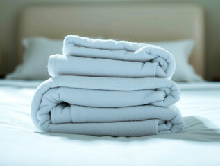 A stack of neatly folded white towels on a bed with a blurred background bed linens close up detail