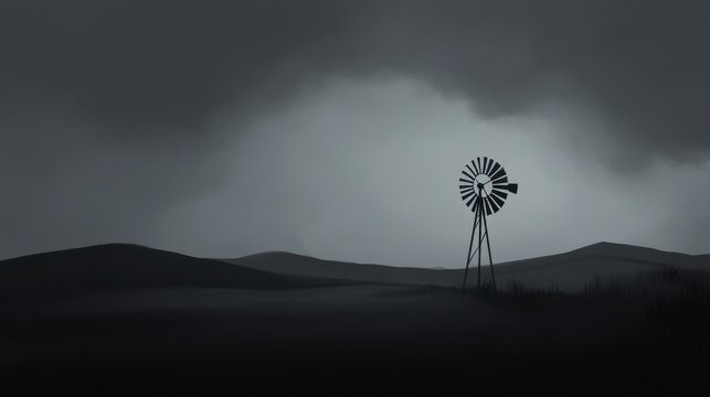 Solitary Windmill in a Grayscale Landscape Under a Dark Sky - Powered by Adobe