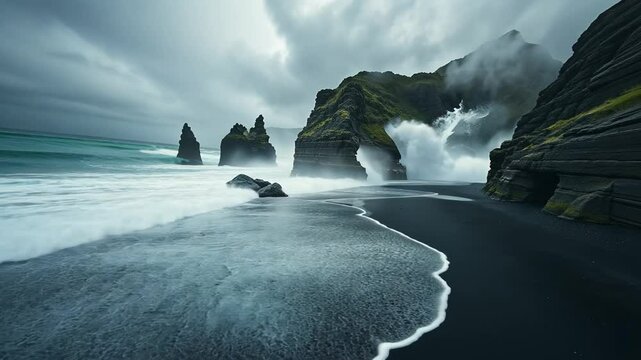 Coastal Drama: The raw power of nature is captured, with crashing waves against a black sand beach. Jagged rock formations and a cloudy sky amplify the drama, revealing a spectacle of the elements. 