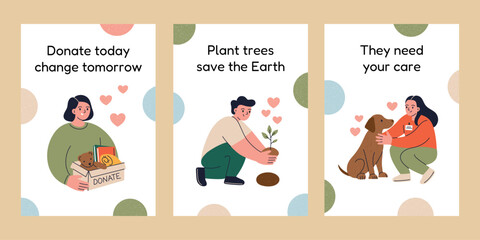 Flat cartoon collection of volunteer posters with cute characters, donation, eco activism, animal shelter, web banners with motivational slogans, people planting trees, donate things, pet care