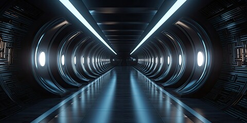 Realistic sci-fi dark corridor with neon light on panel walls. Futuristic tunnel with grunge metal walls. Interior view. Modern futuristic hall. Empty corridor in a spaceship. Generative AI.