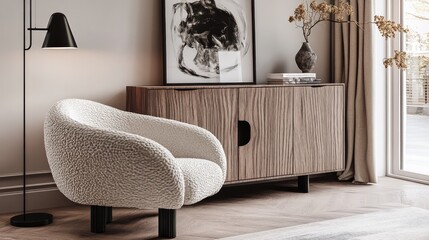 Contemporary living room featuring a plush armchair and cabinetry.