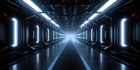 Realistic sci-fi dark corridor with neon light on panel walls. Futuristic tunnel with grunge metal walls. Interior view. Modern futuristic hall. Empty corridor in a spaceship. Generative AI.