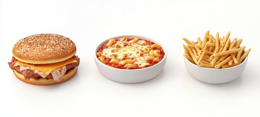 Studio Shot of Cheeseburger Mac and Cheese and French Fries on White Background