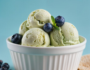 Mint green pistachio ice cream with blueberries close up. Image illustrated food for advertisement