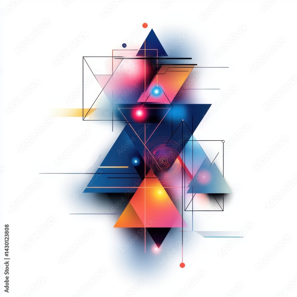 Poster abstract geometric composition featu colorful overlapping triangles glowing orbs and lines on a clea