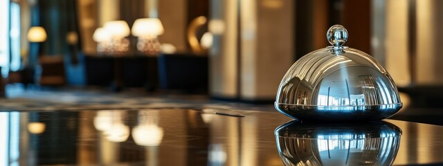 Silver cloche on a reflective surface in a luxurious hotel lobby.