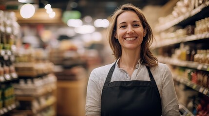 Smiling female grocery store employee in aisle.