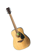 Classic acoustic guitar with natural wood finish and dark pickguard isolated on transprent background.