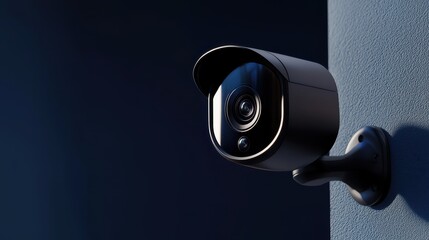Close-up of high-tech security camera lens sharp focus dramatic shadows studio background minimalistic design