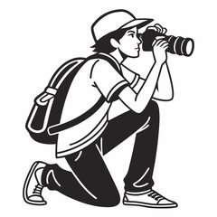 Photographer Taking Photo Kneeling With Camera And Backpack Black And White Style