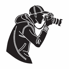 Photographer In Hoodie Taking Pictures Black And White Illustration
