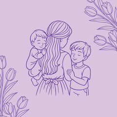 Mother Day. Illustration of a mother holding a baby, surrounded by flowers, in a pink background, line art. Mother baby and son tulip background.