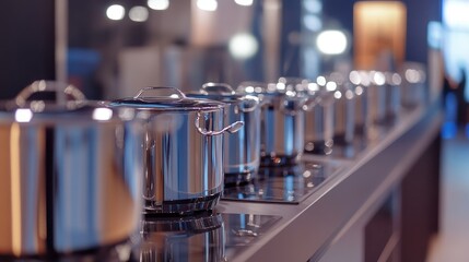Stainless steel pots and pans on a modern kitchen counter.