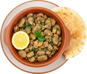 Aromatic Fava Beans in a Terracotta Bowl with Lemon and Pita
