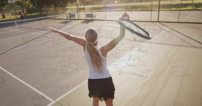 Tennis player serving ball on hard court, showing educational math equations overlay