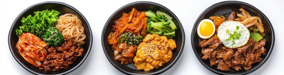 Fototapeta premium Three Colorful Asian Bowls with Rice, Meat and Vegetables