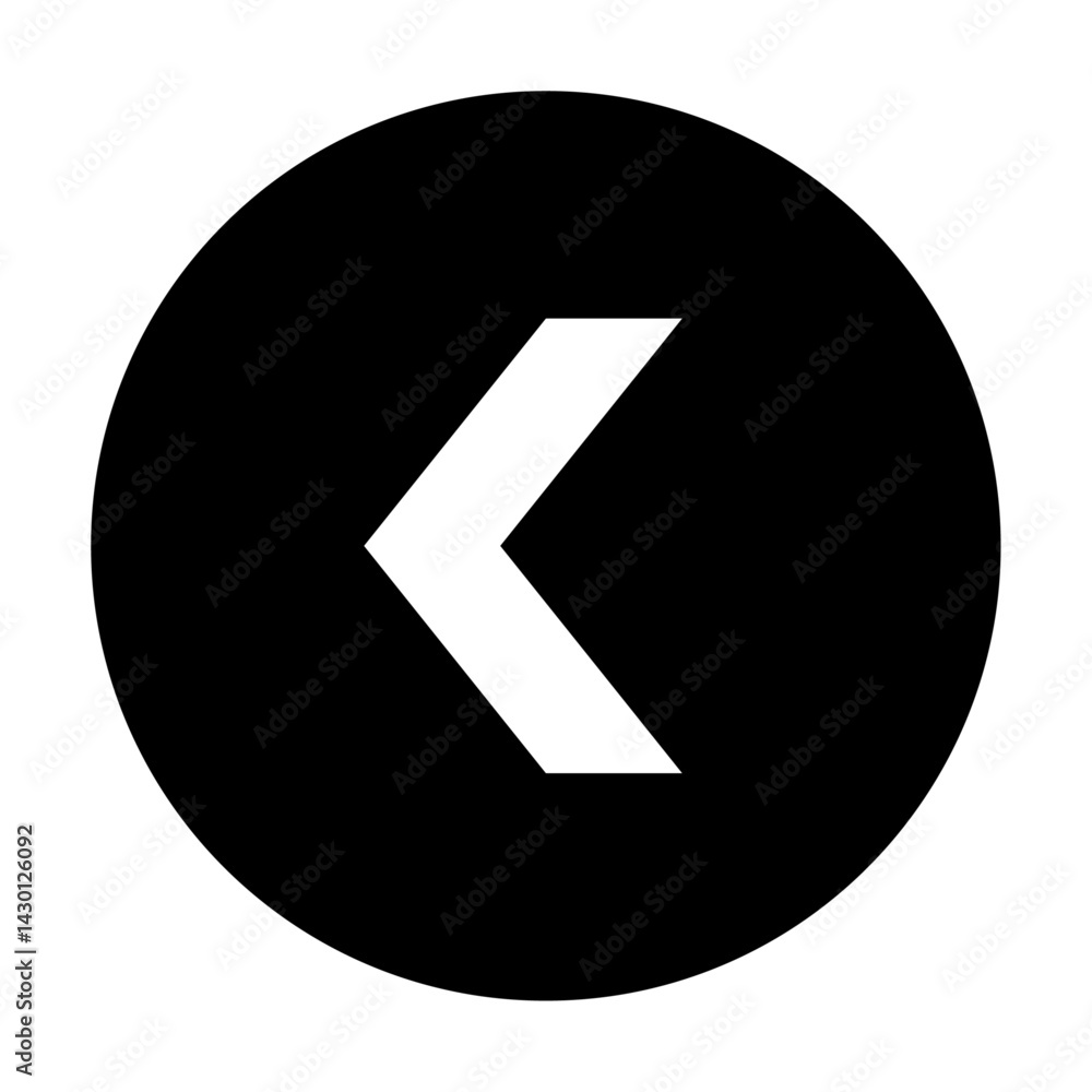 Poster a black circle containing a white left pointing arrow or chevron shape centered within the circular 