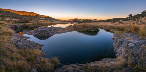 Fototapeta premium Tranquil Blue Pond at Sunset Serene Landscape with Grass and Rocks