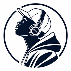 Graphic Portrait Of Stylish Man With Headphones And Cap In Circle