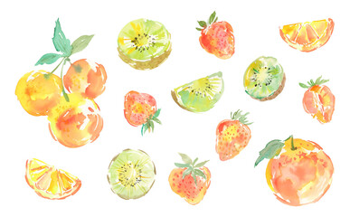 PNG illustration set of abstract kiwis, strawberries, and oranges painted in watercolor. Hand-drawn summer fruit clipart collection with transparent background.