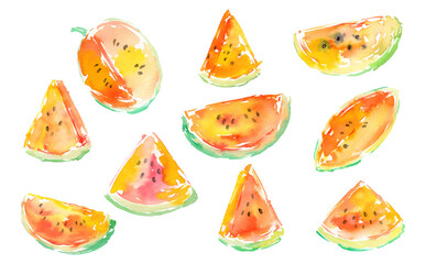 PNG illustration set of abstract watermelons painted in watercolor. Hand-drawn summer fruit clipart collection with transparent background.
