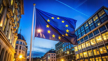 European Union flag waving on government building at sunset
