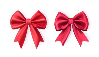 Fototapeta premium Two Realistic Red Satin Bows on White Background
