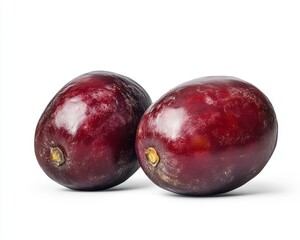 Two Ripe Dark Red Plums on White Background