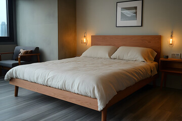 Modern Minimalist Bedroom Interior Design with Wooden Bed and Neutral Color Palette