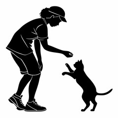 Black Silhouette Of Girl Playing With Cat Pet In Minimalist Style