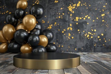 Naklejka premium Elegant Black and Gold Party Background with Balloons and Podium