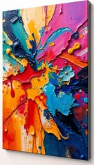 A vibrant and energetic abstract painting displays a striking explosion of colors and textures,