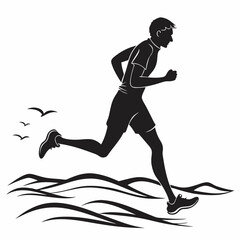Silhouette Man Running On Abstract Seascape With Birds Illustration Graphic Design