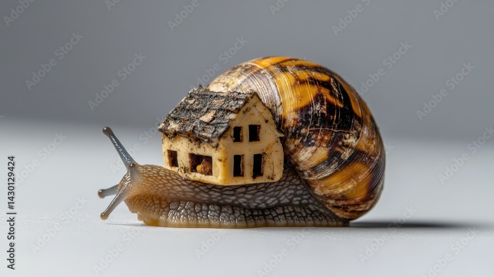 Poster macro image of a snail bearing a small house, intricate shell patterns, nature