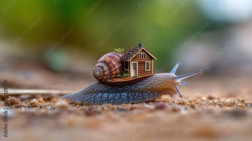 Poster macro image of a snail bearing a small house, intricate shell patterns, nature