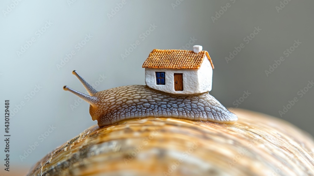 Poster macro image of a snail bearing a small house, intricate shell patterns, nature