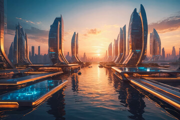 Fototapeta premium Futuristic architectural scene sunset skyline